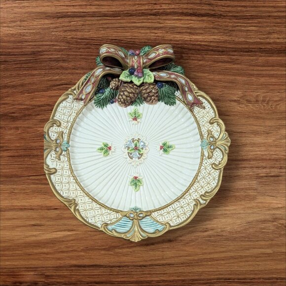 Fitz & Floyd Florentine Christmas Canape Plate Bow Pinecone Design fruit 10" - Picture 2 of 8